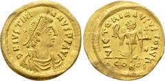 Byzantine Coins JUSTINIAN I (527-565). GOLD Tremissis. Constantinople. Obv: D N IVSTINIANVS P P AVG. Diademed, draped and cuirassed bust right. Rev: VICTORIA AVGVSTORVM / CONOB. Victory advancing righ