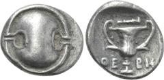 Greek Coins BOEOTIA. Thebes. Hemidrachm (Circa 425-375 BC). Obv: Boeotian shield. Rev: ΘΕ - ΒΗ. Kantharos; above, club right; all within incuse square. BCD Boiotia 408; HGC 4, 1348. Condition: Very fi