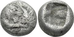 Greek Coins KINGS OF LYDIA. Kroisos (Circa 564/53-550/39 BC). 1/12 Stater. Sardes. Obv: Confronted foreparts of lion and bull. Rev: Incuse square punch. Berk 26-7; Traité I 413; SNG Kayhan I 1020-1. C