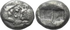 Greek Coins KINGS OF LYDIA. Time of Cyrus to Darios I (Circa 550/39-520 BC). Siglos. Sardes. Obv: Confronted foreparts of lion and bull. Rev: Two incuse square punches. Berk -; Traité I 409; Sunrise 1