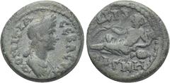 Roman Provincial Coins LYDIA. Magnesia ad Sipylum. Domitia (Augusta, 82-96). Ae. Obv: ΔOMITIA CЄBACTH. Draped bust right. Rev: MAΓΝH CIΠV. River god Sipylos reclining left, holding reed and resting el