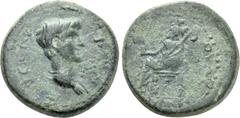 Roman Provincial Coins LYDIA. Mostene. Nero (Caesar, 50-54). Ae. Pedanios, magistrate. Obv: NЄON (sic) KAICAPA. Bareheaded and draped bust right. Rev: ЄΠI ΠЄΔANIOY MOCTHNωN. Goddess seated left on thr