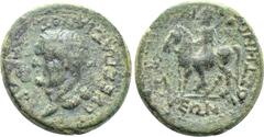 Roman Provincial Coins LYDIA. Mostene. Vespasian (69-79). Ae. Obv: ΚΑΙΣΑΡ ΟΥΕΣΠΑΣΙΑΝΟΣ. Laureate head left. Rev: ΚΑΙΣΑΡΕΩΝ ΜΟΣΤΗΝΩΝ. Hero riding horse left, holding bipennis over shoulder. RPC II 987.