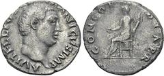 Roman Imperial Coins VITELLIUS (69). Denarius. Rome. Obv: A VITELLIVS GERMANICVS IMP. Bare head right. Rev: CONCORDIA PR. Concordia seated left on throne, holding patera and cornucopia. RIC² 66. Condi