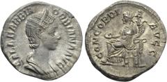 Roman Imperial Coins ORBIANA (Augusta, 225-227). Denarius. Rome. Obv: SALL BARBIA ORBIANA AVG. Diademed and draped bust right. Rev: CONCORDIA AVGG. Concordia seated left on throne, holding patera and 