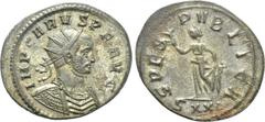 Roman Imperial Coins CARUS (282-283). Antoninianus. Ticinum. Obv: IMP CARVS P F AVG. Radiate, draped and cuirassed bust right. Rev: SPES PVBLICA / SXXI. Spes advancing left, holding flower and lifting