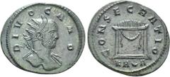 Roman Imperial Coins DIVUS CARUS (Died 283). Antoninianus. Rome. Struck under Carinus. Obv: DIVO CARO. Radiate bust right, with slight drapery. Rev: CONSECRATIO / KA (crescent) A. Lighted and garlande