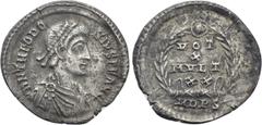 Roman Imperial Coins THEODOSIUS I (379-395). Siliqua. Mediolanum. Decennalia issue. Obv: D N THEODOSIVS P F AVG. Diademed, draped and cuirassed bust right. Rev: VOT / X / MVLT / XX. Legend in four lin