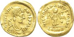 Byzantine Coins JUSTINIAN I (527-565). GOLD Tremissis. Constantinople. Obv: D N IVSTINIANVS P P AVG. Diademed, draped and cuirassed bust right. Rev: VICTORIA AVGVSTORVM / CONOB. Victory advancing righ