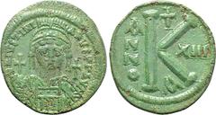 Byzantine Coins JUSTINIAN I (527-565). Half Follis. Constantinople. Dated RY 13 (539/40). Obv: D N IVSTINIANVS P P AVG. Helmeted and cuirassed bust facing, holding globus cruciger and shield with hors