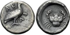 Greek Coins SICILY. Akragas. Didrachm (Circa 480/78-470 BC). Obv: AK / ЯА. Sea eagle standing right. Rev: Crab within shallow incuse circle. Jenkins, Gela, Group IV; SNG ANS 954-5; HGC 2, 99. Ex M. R.