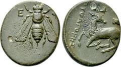 Greek Coins IONIA. Ephesos. Ae (Circa 390-320/00 BC). Pythagores, magistrate. Obv: Ε - Φ. Bee. Rev: ΠΥΘΑΓΟΡΗΣ. Stag prancing left, head right; astragalos above. Imhoof KM, p. 50, 12; Gitbud & Naumann 