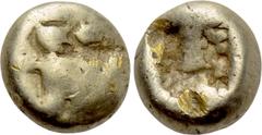 Greek Coins KINGS OF LYDIA. Time of Alyattes to Kroisos (Circa 620/10-550/39 BC). EL Hemihekte. Sardes. Obv: Head of roaring lion right, with star on forehead. Rev: Incuse square punch. Weidauer 90; R