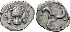 Greek Coins DYNASTS OF LYCIA. Trbbenimi (Circa 390-370 BC). Tetrobol. Uncertain mint. Obv: Facing scalp of lion. Rev: Triskeles within incuse circle. Müseler VIII.25-7; SNG von Aulock 4215. Condition: