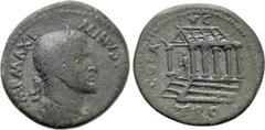 Roman Provincial Coins TROAS. Alexandria. Maximinus Thrax (235-238). Ae As. Obv: IMP MAXIMINVS PIVS AV. Laureate, draped and cuirassed bust right. Rev: COL AVG / TRO. Three-quarter view of the Sminthe