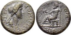 Roman Provincial Coins LYDIA. Gordus Julia. Domitia (Augusta, 82-96). Ae. Obv: ΔOMITIA CЄBACTH. Draped bust right. Rev: IOVΛIΩN ΓOPΔHNΩN. Zeus seated left on throne, holding eagle and sceptre; monogra