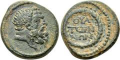 Roman Provincial Coins LYDIA. Thyatira. Pseudo-autonomous. Time of Domitian (81-96). Ae. Obv: Bare head of Herakles right. Rev: ΘYA / TЄIPH / NΩN. Legend in three lines within wreath. RPC II 946; BMC 