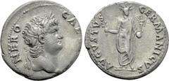 Roman Imperial Coins NERO (54-68). Denarius. Rome. Obv: NERO CAESAR. Laureate head right. Rev: AVGVSTVS GERMANICVS. Nero's Colossus: Facing statue of Nero, radiate, with branch and victoriola. RIC² 47