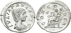 Roman Imperial Coins JULIA PAULA (Augusta, 219-220). Denarius. Rome. Obv: IVLIA PAVLA AVG. Draped bust right. Rev: CONCORDIA. Concordia seated left on throne, holding patera; star to left. RIC 211 (El