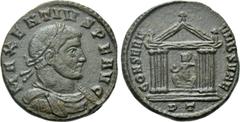 Roman Imperial Coins MAXENTIUS (307-312). Follis. Ticinum. Obv: MAXENTIVS P F AVG. Laureate, draped and cuirassed bust right. Rev: CONSERV VRB SVAE / PT. Hexastyle temple, containing Roma, with head l