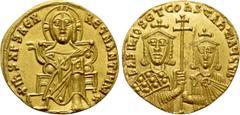 Byzantine Coins BASIL I THE MACEDONIAN with CONSTANTINE (867-886). GOLD Solidus. Constantinople. Obv: + IҺS XPS RЄX RЄGNANTIЧM ✷. Christ Pantokrator seated facing on throne. Rev: ЬASILIOS ЄT COҺSTAҺT 
