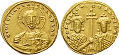 Byzantine Coins BASIL II BULGAROKTONOS with CONSTANTINE VIII (976-1025). GOLD Histamenon Nomisma. Constantinople. Obv: + IҺS XIS RЄX RЄGNANTIҺM. Facing bust of Christ Pantokrator; one pellet in each a