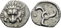 Greek Coins DYNASTS OF LYCIA. Trbbenimi (Circa 390-370 BC). Tetrobol. Uncertain mint. Obv: Facing scalp of lion. Rev: Triskeles within incuse circle. Müseler VIII.25-7; SNG von Aulock 4215. Condition: