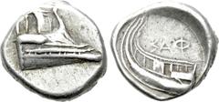Greek Coins LYCIA. Phaselis. Tetrobol (Circa 500-440 BC). Obv: Prow of galley right. Rev: ΦΑΣ (retrograde). Stern of galley left. Cf. Heipp-Tamer 72; cf. Numismatik Naumann 50, lot 254 (uncertain cont