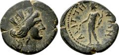 Roman Provincial Coins LYDIA. Saitta. Pseudo-autonomous (2nd-3rd centuries). Ae. Obv: Turreted head of Tyche right. Rev: СΑΙΤΤΗΝΩΝ. Apollo standing left, holding branch and bow. RPC IV online 1402; BM