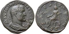 Roman Imperial Coins MAXIMINUS THRAX (235-238). Sestertius. Rome. Obv: MAXIMINVS PIVS AVG GERM. Laureate, draped and cuirassed bust right. Rev: SALVS AVGVSTI / S C. Salus seated left on throne, feedin