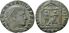 Roman Imperial Coins MAXENTIUS (307-312). Follis. Aquileia. Obv: IMP C MAXENTIVS P F AVG. Laureate head right. Rev: CONSERV VRB SVAE / AQP. Hexastyle temple, containing Roma seated left on throne, hol