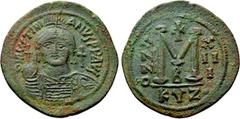 Byzantine Coins JUSTINIAN I (527-565). Follis. Cyzicus. Dated RY 13 (549/50). Obv: D N IVSTINIANVS P P AVG. Helmeted and cuirassed bust facing, holding globus cruciger and shield decorated with horsem