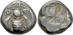 Greek Coins IONIA. Ephesos. Drachm (Circa 500-420 BC). Obv: Bee with curved wings; tendrils above. Rev: Quadripartite incuse square. SNG Kayhan I 140; BMC 12. Condition: Very fine. Weight: 3.4 g. Diam