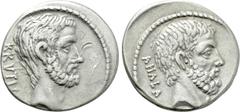 Roman Republican Coins Q. SERVILIUS CAEPIO (M. JUNIUS) BRUTUS (54 BC). Denarius. Rome. Obv: BRVTVS. Bare head of L. Junius Brutus right. Rev: AHALA. Bare head of C. Servilius Ahala right. Crawford 433