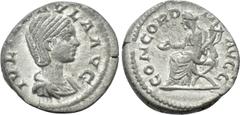 Roman Imperial Coins JULIA PAULA (Augusta, 219-220). Denarius. Rome. Obv: IVLIA PAVLA AVG. Draped bust right. Rev: CONCORDIA AVGG. Concordia seated left on curule chair, holding patera and double corn