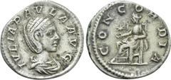 Roman Imperial Coins JULIA PAULA (Augusta, 219-220). Denarius. Rome. Obv: IVLIA PAVLA AVG. Draped bust right. Rev: CONCORDIA. Concordia seated left on throne, holding patera; star to left. RIC 211 (El
