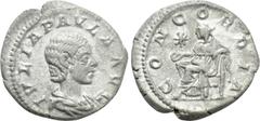 Roman Imperial Coins JULIA PAULA (Augusta, 219-220). Denarius. Rome. Obv: IVLIA PAVLA AVG. Draped bust right. Rev: CONCORDIA. Concordia seated left on throne, holding patera; star to left. RIC 211 (El