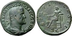 Roman Imperial Coins MAXIMINUS THRAX (235-238). Sestertius. Rome. Obv: MAXIMINVS PIVS AVG GERM. Laureate, draped and cuirassed bust right. Rev: SALVS AVGVSTI / S C. Salus seated left on throne, feedin