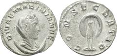 Roman Imperial Coins DIVA MARINIANA (Died before 253). Antoninianus. Rome. Struck under Valerian I. Obv: DIVAE MARINIANAE. Veiled and draped bust right, set upon crescent. Rev: CONSECRATIO. Peacock st