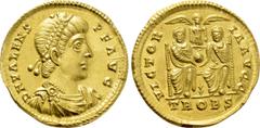 Roman Imperial Coins VALENS (364-378). GOLD Solidus. Treveri. Obv: D N VALENS P F AVG. Diademed, draped and cuirassed bust right. Rev: VICTORIA AVGG / TROBS. Two emperors seated facing on double thron