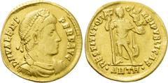Roman Imperial Coins VALENS (364-378). GOLD Solidus. Antioch. Obv: D N VALENS PER F AVG. Diademed, draped and cuirassed bust right. Rev: RESTITVTOR REIPVBLICAE / •ANTH•. Valentinian standing facing, h