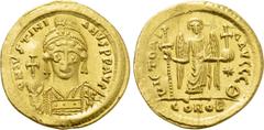 Byzantine Coins JUSTINIAN I (527-565). GOLD Solidus. Constantinople. Obv: D N IVSTINIANVS P P AVG. Helmeted and cuirassed bust facing, holding globus cruciger and shield decorated with horseman motif.