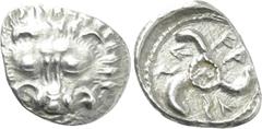 Greek Coins DYNASTS OF LYCIA. Wekhssere II (Circa 400-380 BC). Tetrobol. Tlos. Obv: Facing scalp of lion. Rev: Triskeles; two Lycian letters at center; all within pelleted circle within incuse circle.