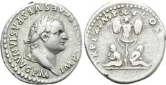 Roman Imperial Coins TITUS (79-81). Denarius. Rome. Obv: IMP TITVS CAES VESPASIAN AVG P M. Laureate head right. Rev: TR P IX IMP XV COS VIII P P. Trophy; bound captive to left and right. RIC² 102. Con