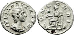 Roman Imperial Coins JULIA PAULA (Augusta, 219-220). Denarius. Rome. Obv: IVLIA PAVLA AVG. Draped bust right. Rev: CONCORDIA. Concordia seated left on throne, holding patera; star to left. RIC 211 (El