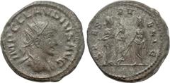 Roman Imperial Coins CLAUDIUS II GOTHICUS (268-270). Antoninianus. Antioch. Obv: IMP C CLAVDIVS AVG. Laureate bust right, with slight drapery. Rev: SPES PVBLIC. Salus, feeding serpent in arms, and Asc
