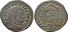Roman Imperial Coins MAXENTIUS (307-312). Follis. Rome. Obv: IMP C MAXENTIVS P F AVG. Laureate head right. Rev: CONSERV VRB SVAE / RET. Hexastyle temple, with wreath in pediment and containing Roma se