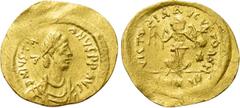 Byzantine Coins JUSTINIAN I (527-565). GOLD Tremissis. Constantinople. Obv: D N IVSTINIANVS P P AVG. Diademed, draped and cuirassed bust right. Rev: VICTORIA AVGVSTORVM / CONOB. Victory advancing righ