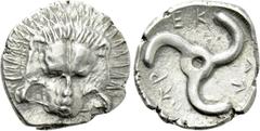 Greek Coins DYNASTS OF LYCIA. Perikles (Circa 380-360 BC). Tetrobol. Uncertain mint, possibly Limyra. Obv: Facing scalp of lion. Rev: Triskeles within incuse circle. Müseler VIII.47-51; SNG von Aulock