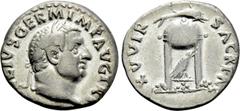 Roman Imperial Coins VITELLIUS (69). Denarius. Rome. Obv: A VITELLIVS GERM IMP AVG TR P. Laureate head right. Rev: XV VIR SACR FAC. Tripod surmounted by dolphin right; below, raven right. RIC² 109. Co